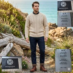 Weatherproof Fisherman Heritage Cable Knit Sweater Cream Beige Sz S Coastal